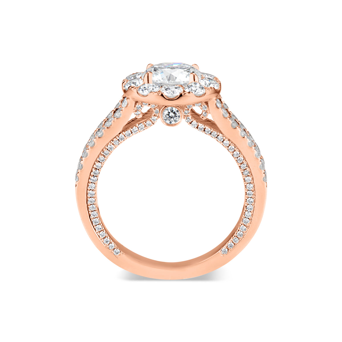 Round Halo Diamond Engagement Ring with Split Shank  -18K WEIGHTING 5.36 GR  - 12 round diamonds totaling 0.79 carats  - 148 round diamonds totaling 0.62 carats