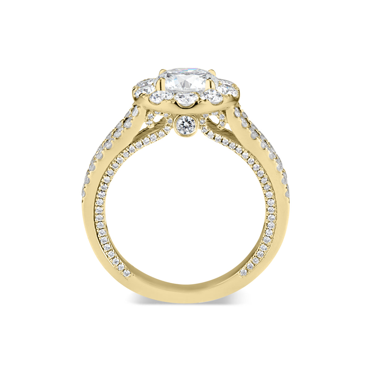 Round Halo Diamond Engagement Ring with Split Shank  -18K WEIGHTING 5.36 GR  - 12 round diamonds totaling 0.79 carats  - 148 round diamonds totaling 0.62 carats