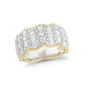 Staggered Diamond Ring with Beaded Gold outline  18k gold, 8.28 grams, 81 round four-prong set diamonds weighing 1.57 carats.  Ring width measures 10.5 millimeters.