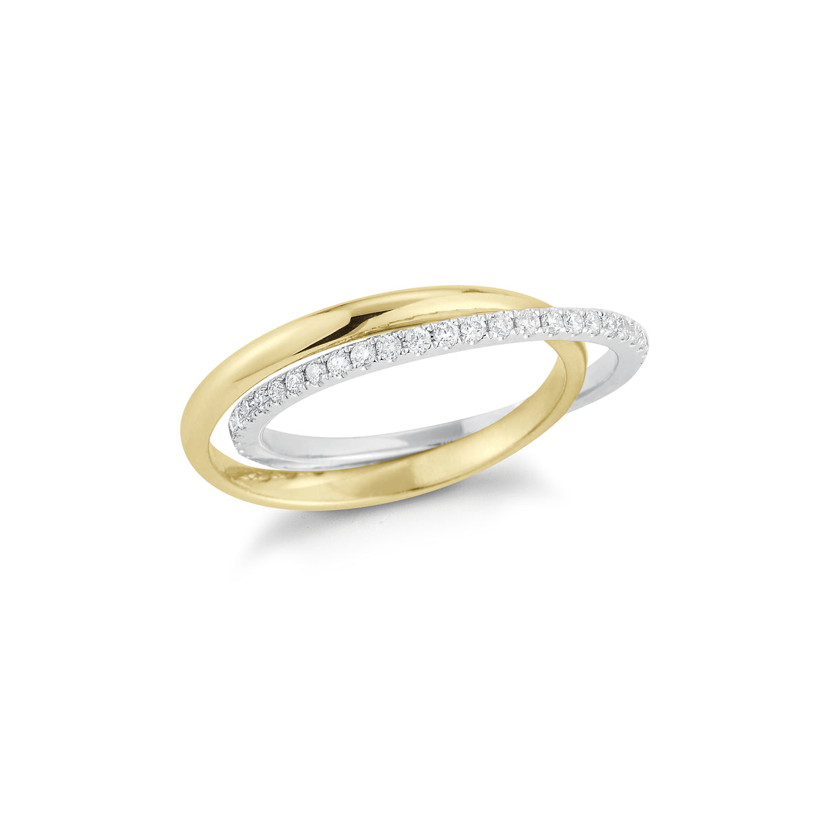 Interlocking Two-Tone Diamond Ring  -14k gold, 2.50 grams,  -51 round shared prong-set brilliant diamonds .36 carats.