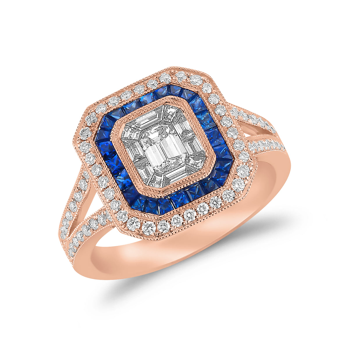 Emerald-cut diamond & sapphire engagement ring -18k gold weighing 6.96 grams -1 Emerald-cut diamond totaling .32 carats -Sapphires totaling .70 carats -70 round diamonds totaling .35 carats -10 straight baguettes totaling .26 carats.