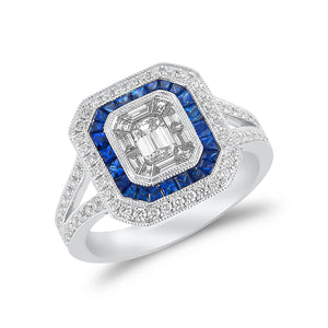Emerald-cut diamond & sapphire engagement ring -18k gold weighing 6.96 grams -1 Emerald-cut diamond totaling .32 carats -Sapphires totaling .70 carats -70 round diamonds totaling .35 carats -10 straight baguettes totaling .26 carats.