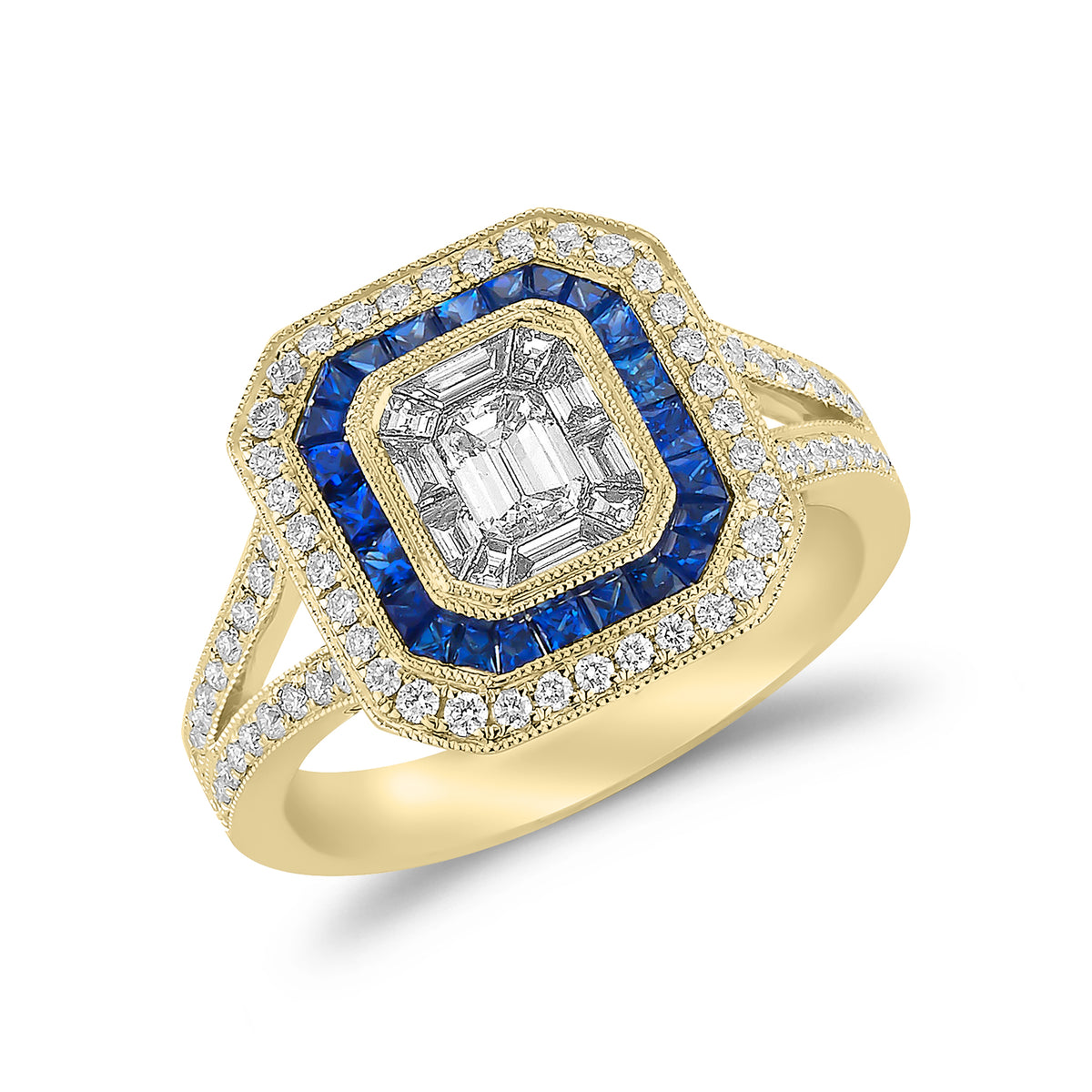 Emerald-cut diamond & sapphire engagement ring -18k gold weighing 6.96 grams -1 Emerald-cut diamond totaling .32 carats -Sapphires totaling .70 carats -70 round diamonds totaling .35 carats -10 straight baguettes totaling .26 carats.