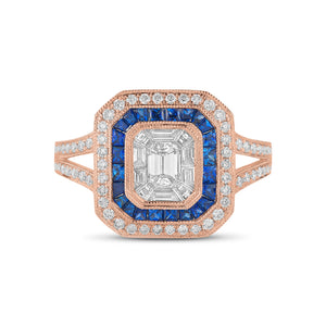 Emerald-cut diamond & sapphire engagement ring -18k gold weighing 6.96 grams -1 Emerald-cut diamond totaling .32 carats -Sapphires totaling .70 carats -70 round diamonds totaling .35 carats -10 straight baguettes totaling .26 carats.