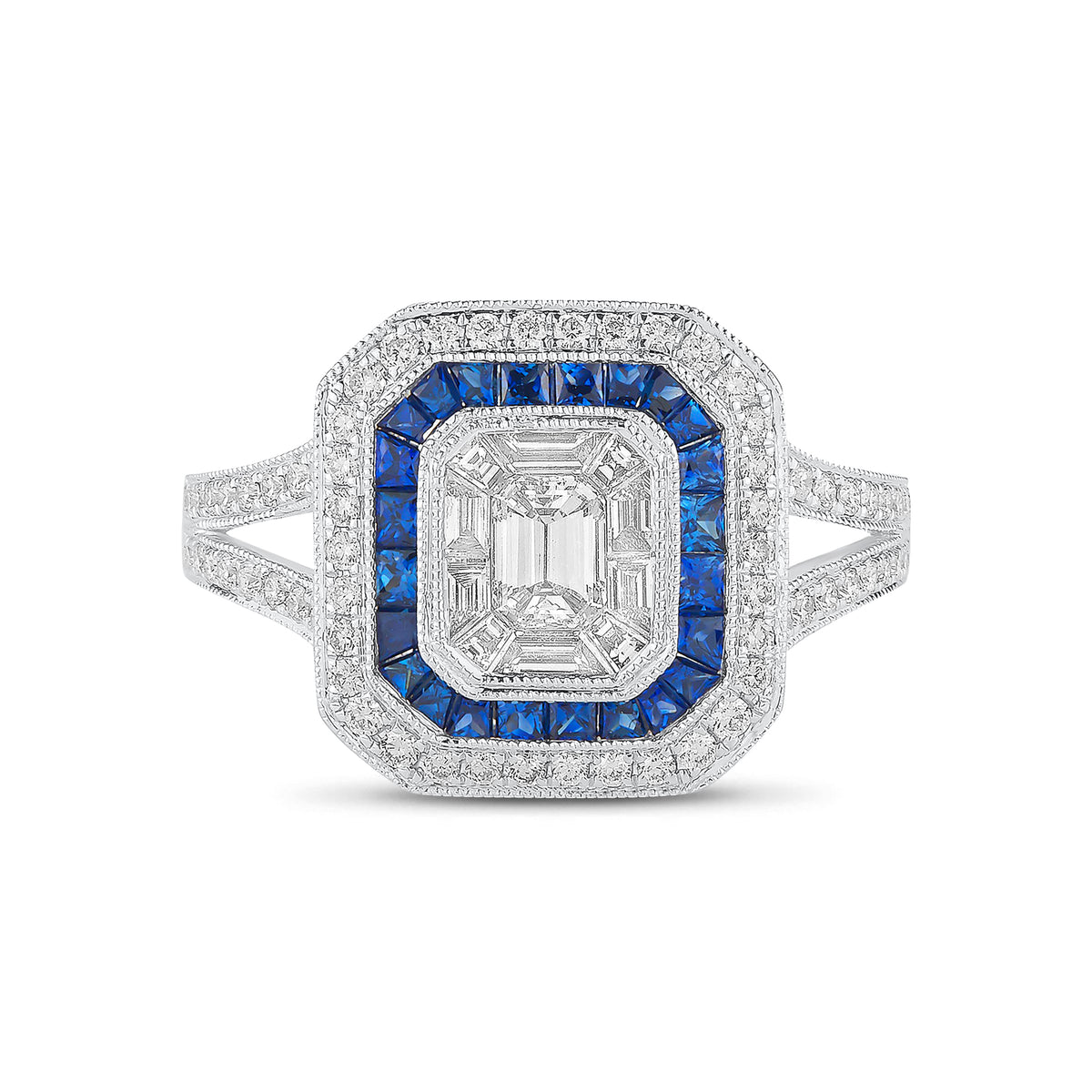 Emerald-cut diamond & sapphire engagement ring -18k gold weighing 6.96 grams -1 Emerald-cut diamond totaling .32 carats -Sapphires totaling .70 carats -70 round diamonds totaling .35 carats -10 straight baguettes totaling .26 carats.