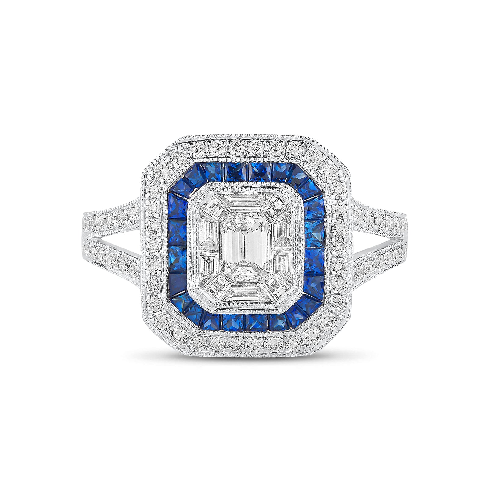 Emerald-cut diamond & sapphire engagement ring -18k gold weighing 6.96 grams -1 Emerald-cut diamond totaling .32 carats -Sapphires totaling .70 carats -70 round diamonds totaling .35 carats -10 straight baguettes totaling .26 carats.