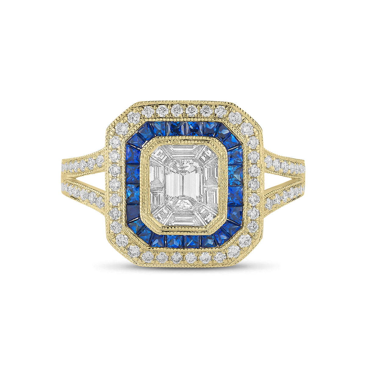 Emerald-cut diamond & sapphire engagement ring -18k gold weighing 6.96 grams -1 Emerald-cut diamond totaling .32 carats -Sapphires totaling .70 carats -70 round diamonds totaling .35 carats -10 straight baguettes totaling .26 carats.