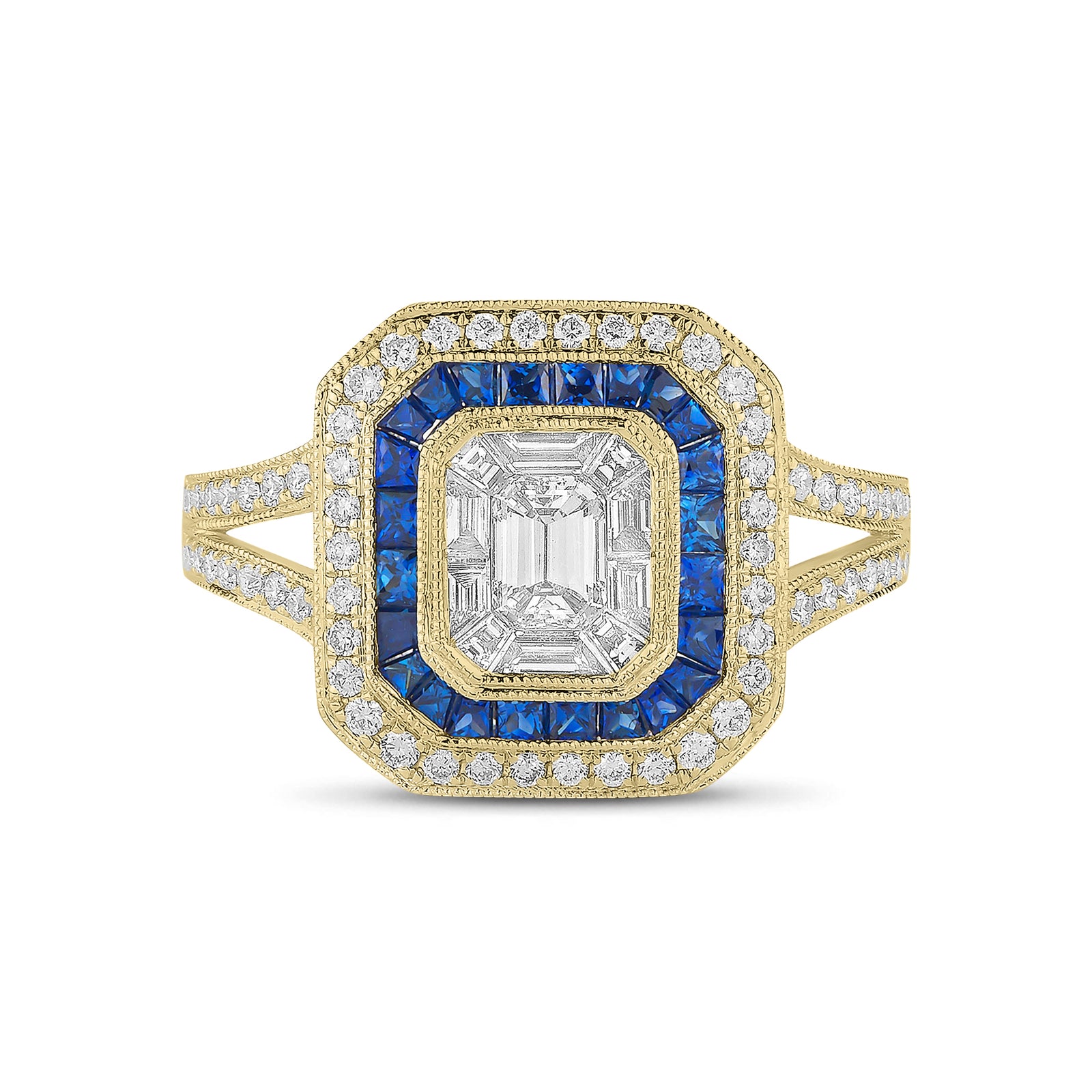 Emerald-cut diamond & sapphire engagement ring -18k gold weighing 6.96 grams -1 Emerald-cut diamond totaling .32 carats -Sapphires totaling .70 carats -70 round diamonds totaling .35 carats -10 straight baguettes totaling .26 carats.