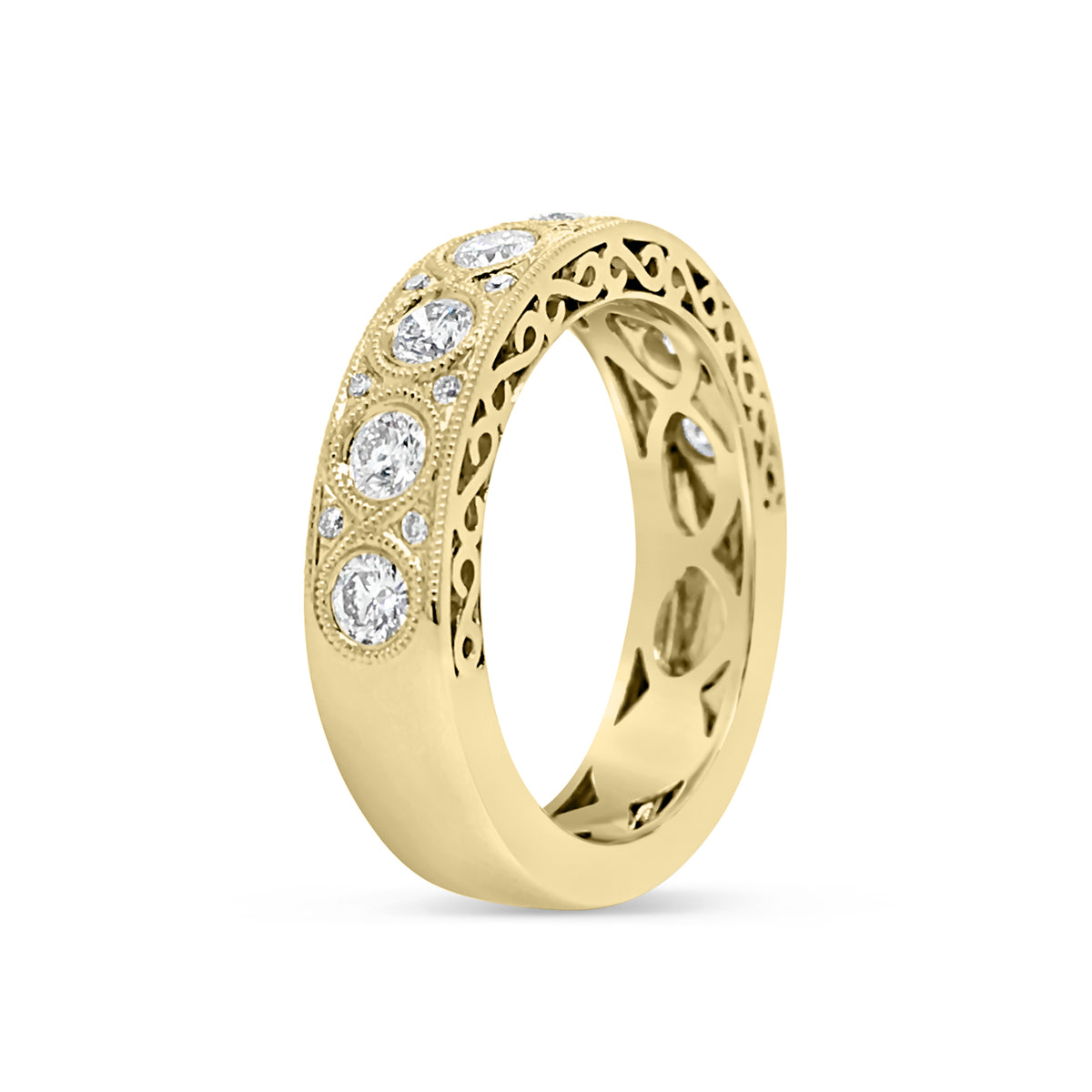 Antiqued Milgrained Diamond Wedding Band  -18k gold weighing 5.87 grams  -22 round diamonds weighing .70 carats