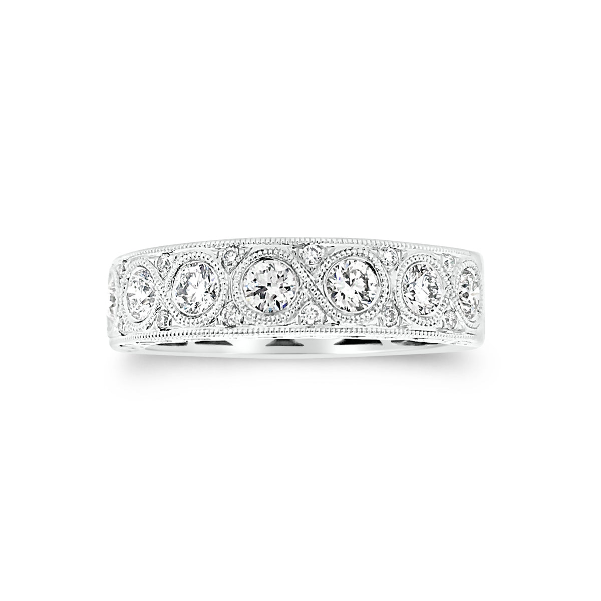 Antiqued Milgrained Diamond Wedding Band  -18k gold weighing 5.87 grams  -22 round diamonds weighing .70 carats