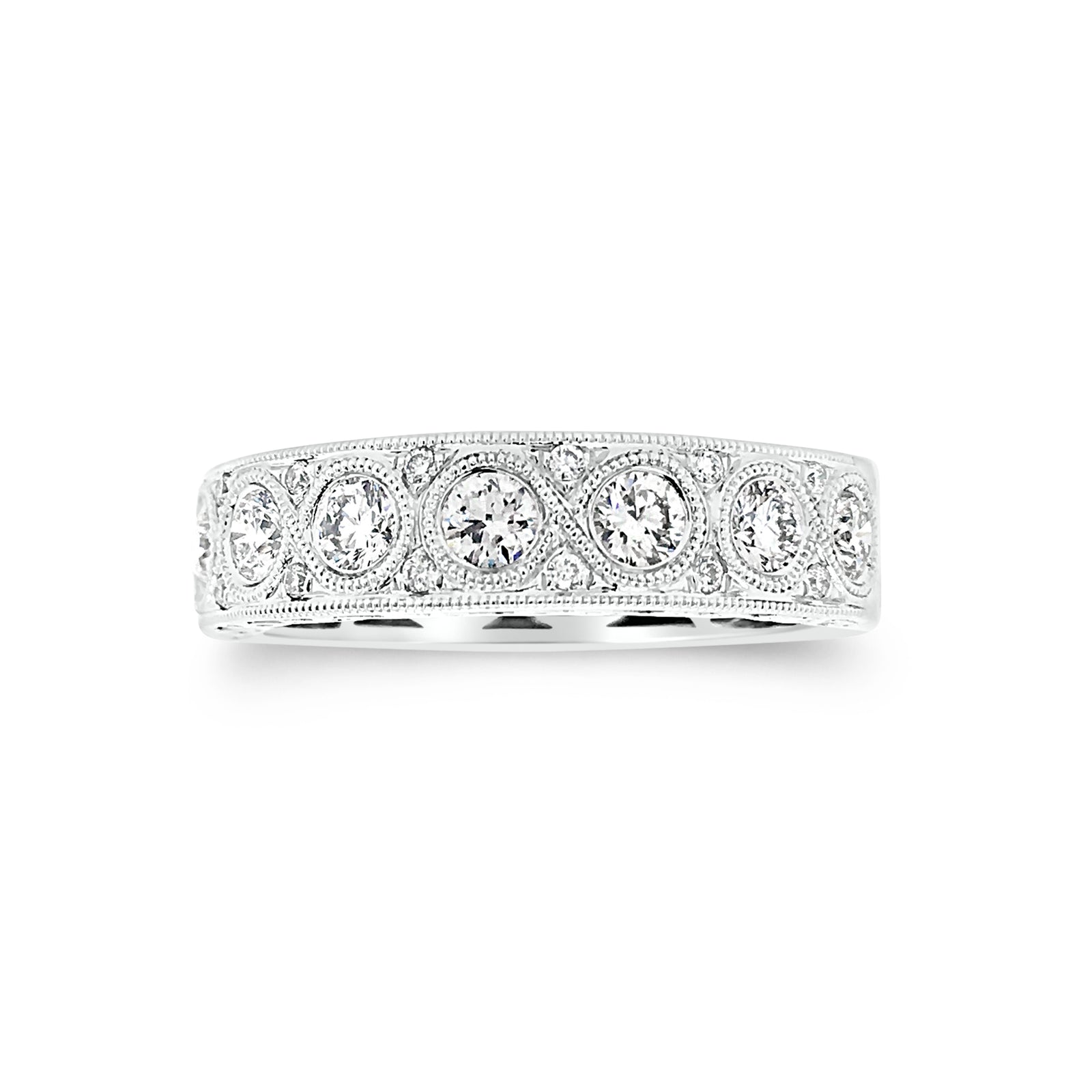 Antiqued Milgrained Diamond Wedding Band  -18k gold weighing 5.87 grams  -22 round diamonds weighing .70 carats