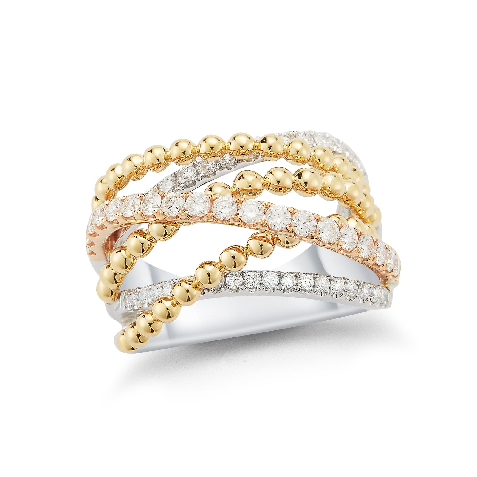 Mixed Tri-color Diamond and Bead Ring  -18k gold 9.5 grams  -53 round shared 4 prong-set diamonds .94 carats.  -14 millimeters wide.