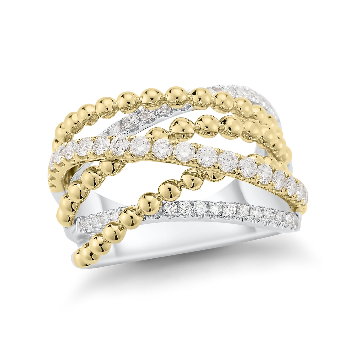 Mixed Tri-color Diamond and Bead Ring  -18k gold 9.5 grams  -53 round shared 4 prong-set diamonds .94 carats.  -14 millimeters wide.