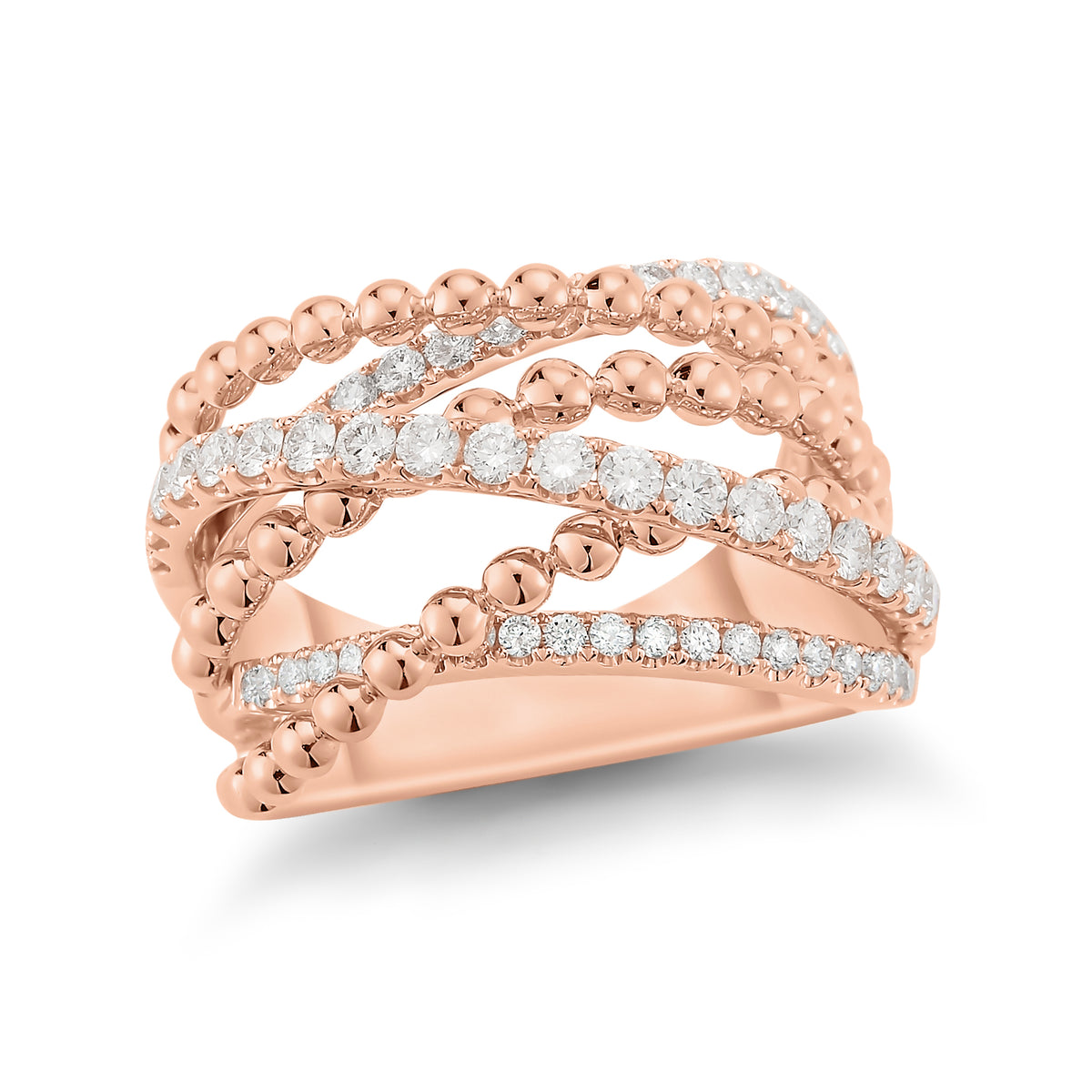 Mixed Tri-color Diamond and Bead Ring  -18k gold 9.5 grams  -53 round shared 4 prong-set diamonds .94 carats.  -14 millimeters wide.