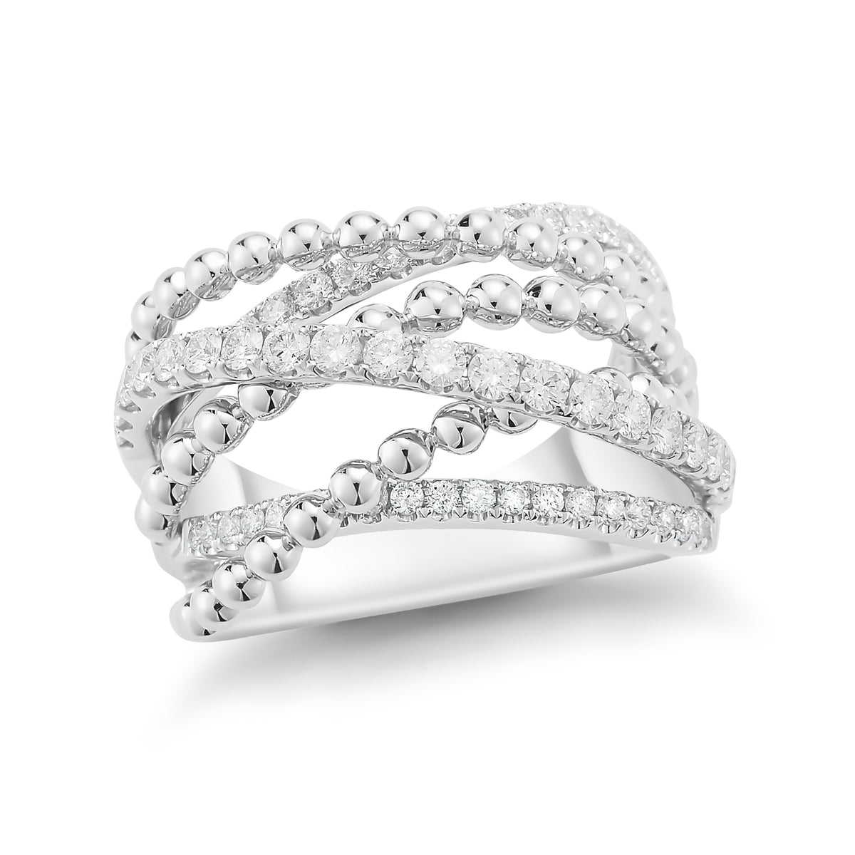 Mixed Tri-color Diamond and Bead Ring  -18k gold 9.5 grams  -53 round shared 4 prong-set diamonds .94 carats.  -14 millimeters wide.