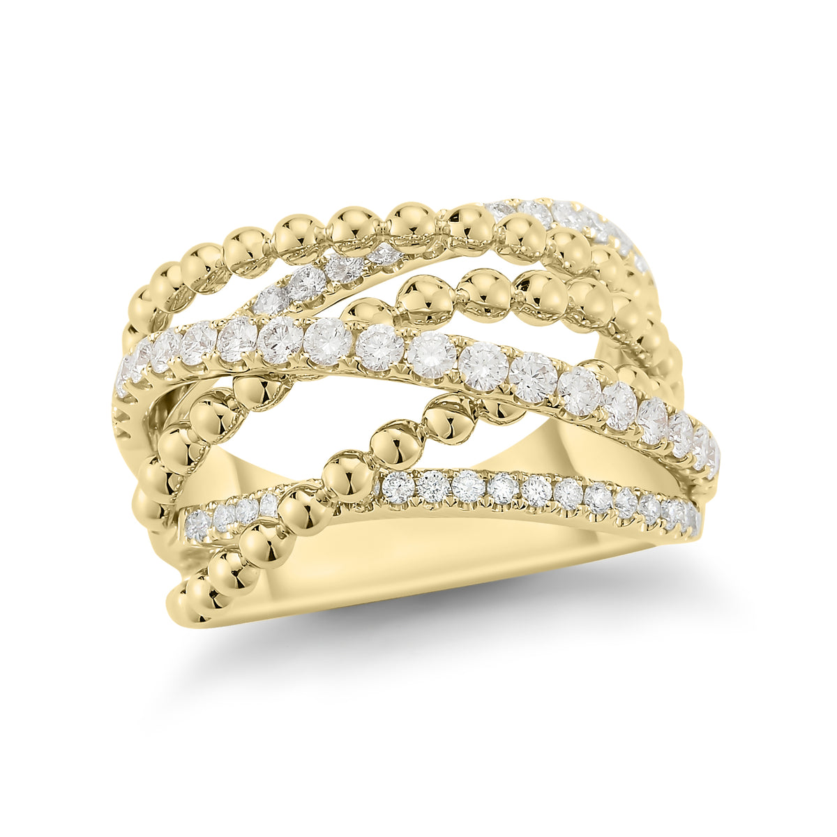 Mixed Tri-color Diamond and Bead Ring  -18k gold 9.5 grams  -53 round shared 4 prong-set diamonds .94 carats.  -14 millimeters wide.