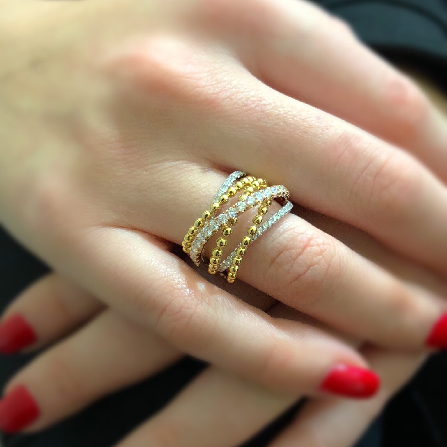 Mixed Tri-color Diamond and Bead Ring  -18k gold 9.5 grams  -53 round shared 4 prong-set diamonds .94 carats.  -14 millimeters wide.