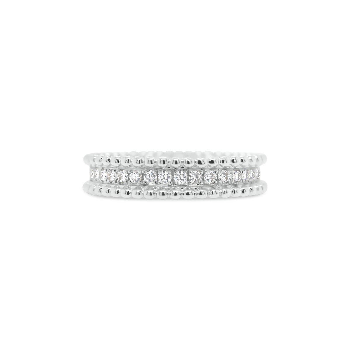 Diamond & Beaded Gold Stackable Ring  - 18K gold weighing 4.02 grams  - 18 round diamonds totaling 0.23 carats