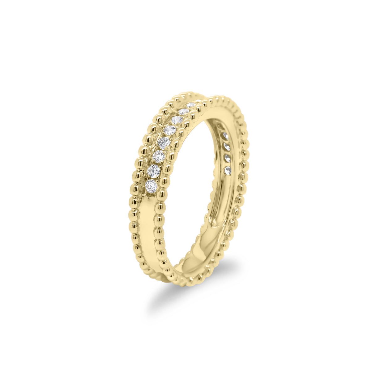 Diamond & Beaded Gold Stackable Ring  - 18K gold weighing 4.02 grams  - 18 round diamonds totaling 0.23 carats