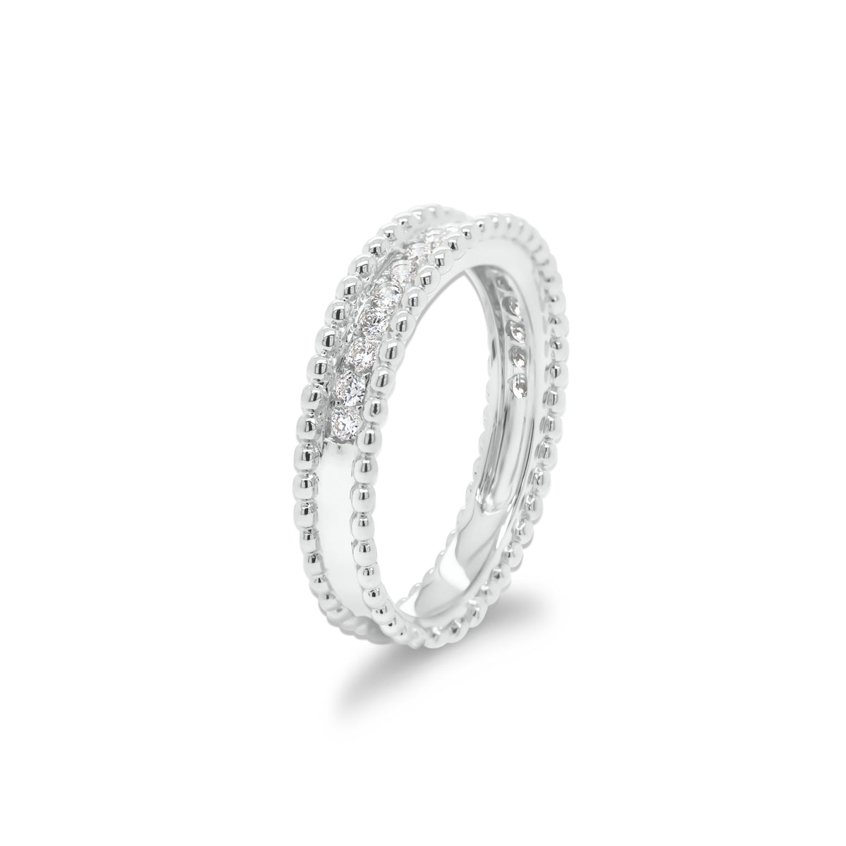 Diamond & Beaded Gold Stackable Ring  - 18K gold weighing 4.02 grams  - 18 round diamonds totaling 0.23 carats