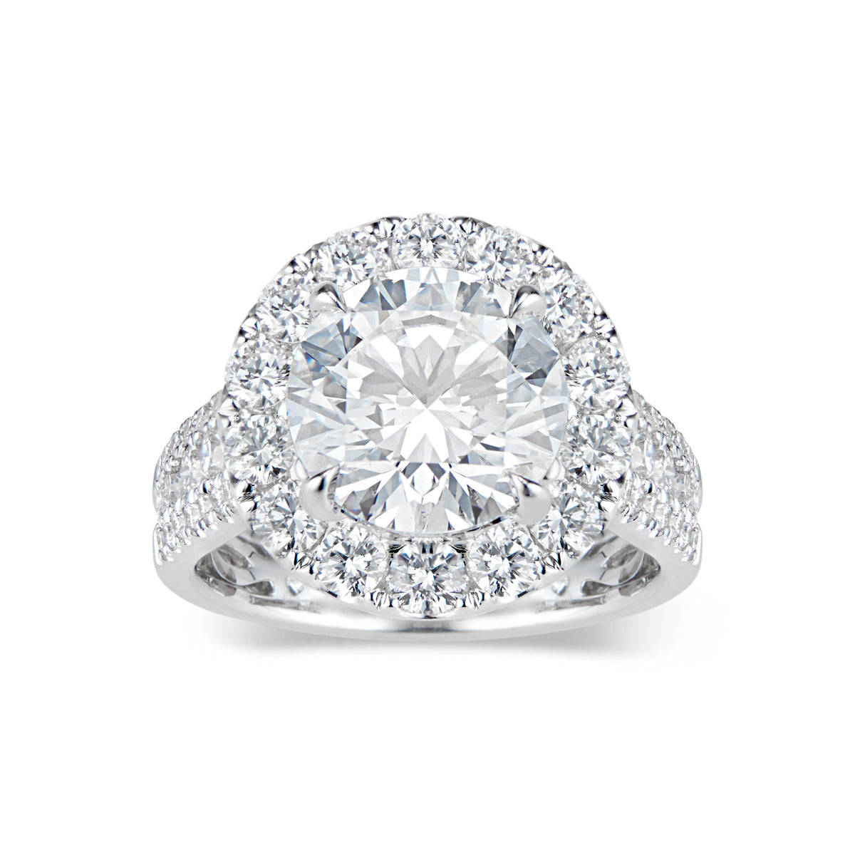 Round Diamond Halo Engagement Ring with Pave Diamond Shank  -18 K weighting 5.81 GR  - 72 round diamonds totaling 1.49 carats