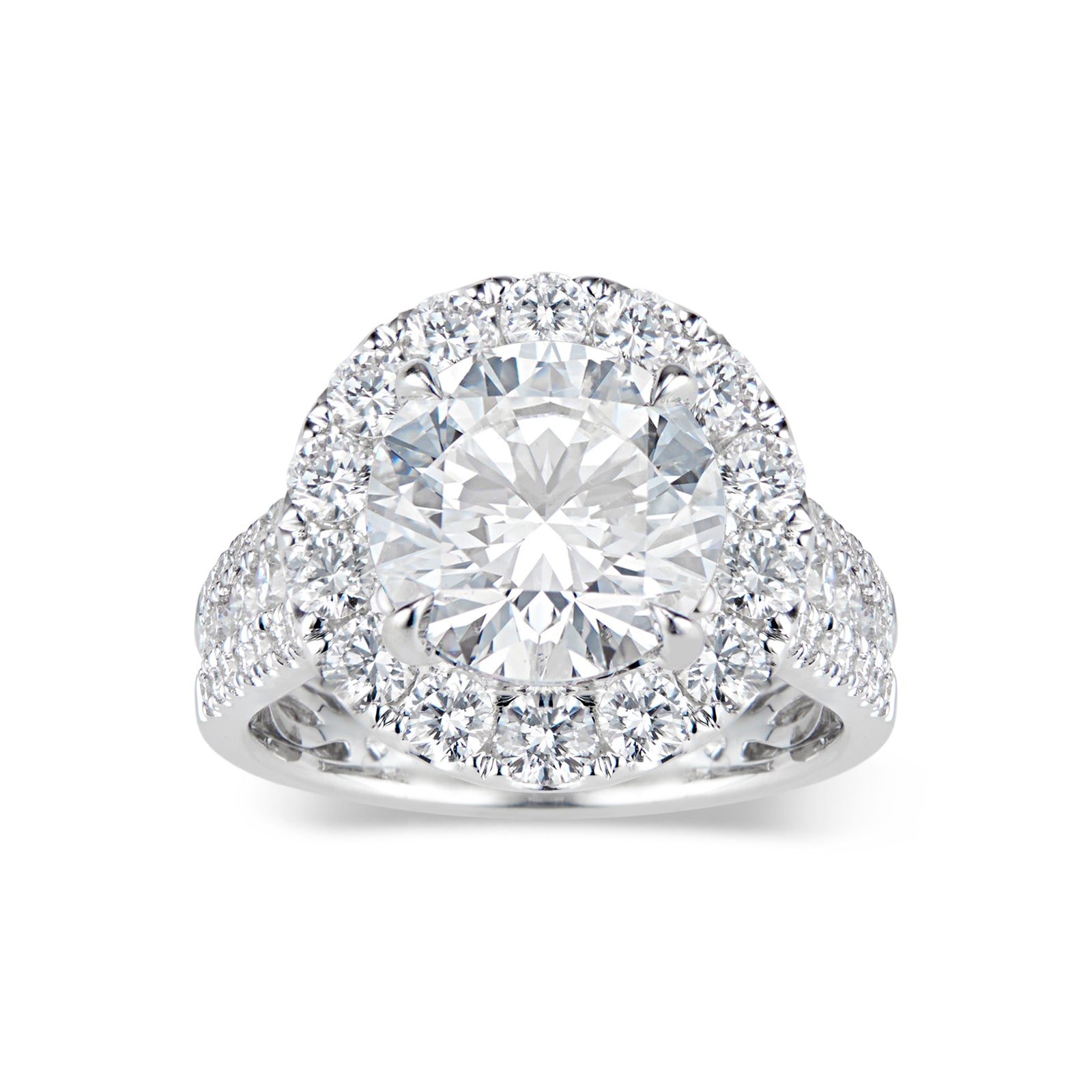 Round Diamond Halo Engagement Ring with Pave Diamond Shank  -18 K weighting 5.81 GR  - 72 round diamonds totaling 1.49 carats