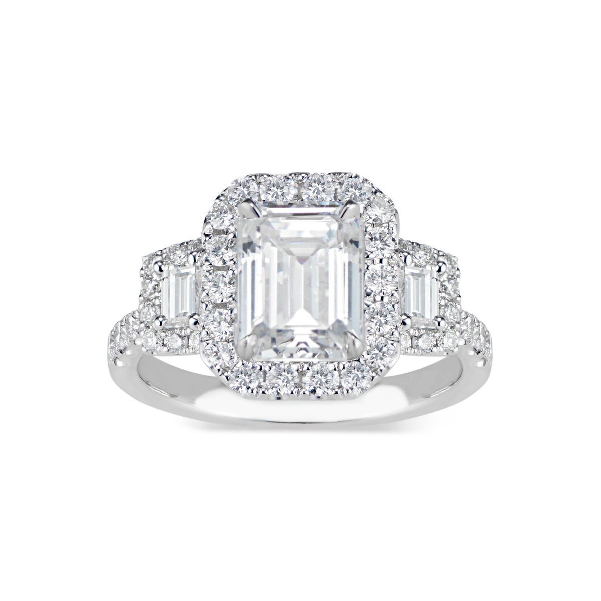 Three-Stone Emerald-Cut Diamond Engagement Ring  -18K weighting 3.98 GR  - 42 round diamonds totaling 0.62 carats
