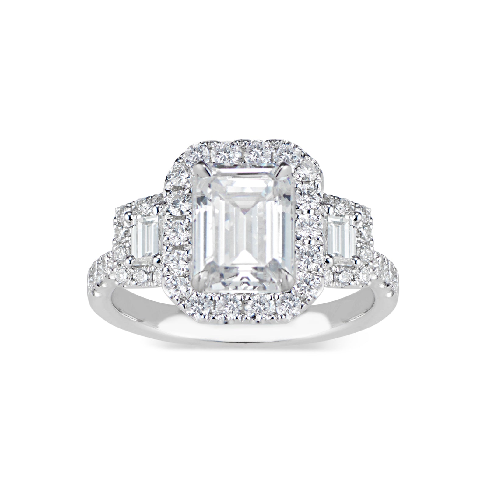 Three-Stone Emerald-Cut Diamond Engagement Ring  -18K weighting 3.98 GR  - 42 round diamonds totaling 0.62 carats