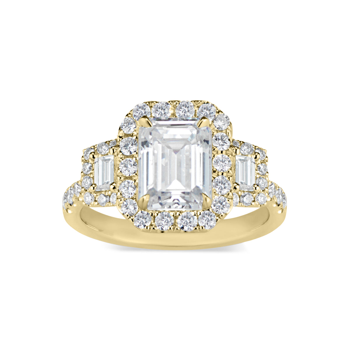 Three-Stone Emerald-Cut Diamond Engagement Ring  -18K weighting 3.98 GR  - 42 round diamonds totaling 0.62 carats
