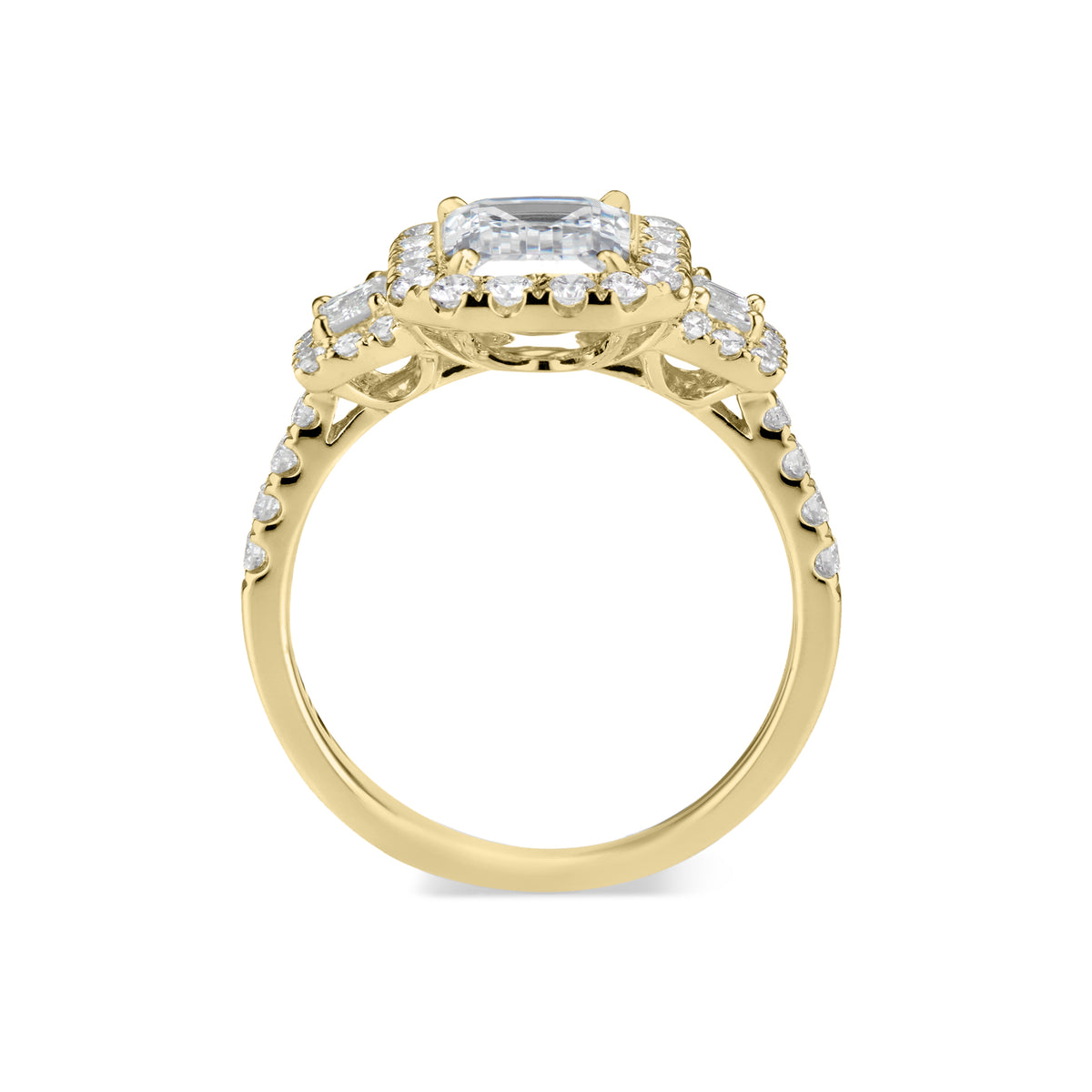 Three-Stone Emerald-Cut Diamond Engagement Ring  -18K weighting 3.98 GR  - 42 round diamonds totaling 0.62 carats