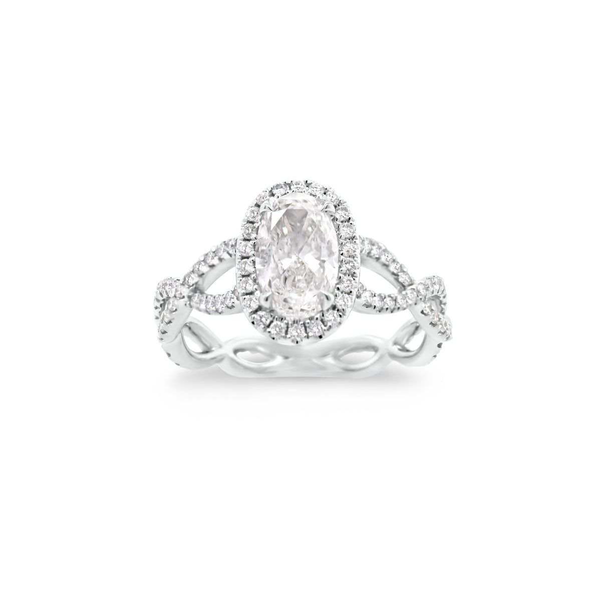 Round Diamond Halo Engagement Ring with Twisted Shank  -18K weighting 3.06  - 110 round diamonds totaling 0.59 carats