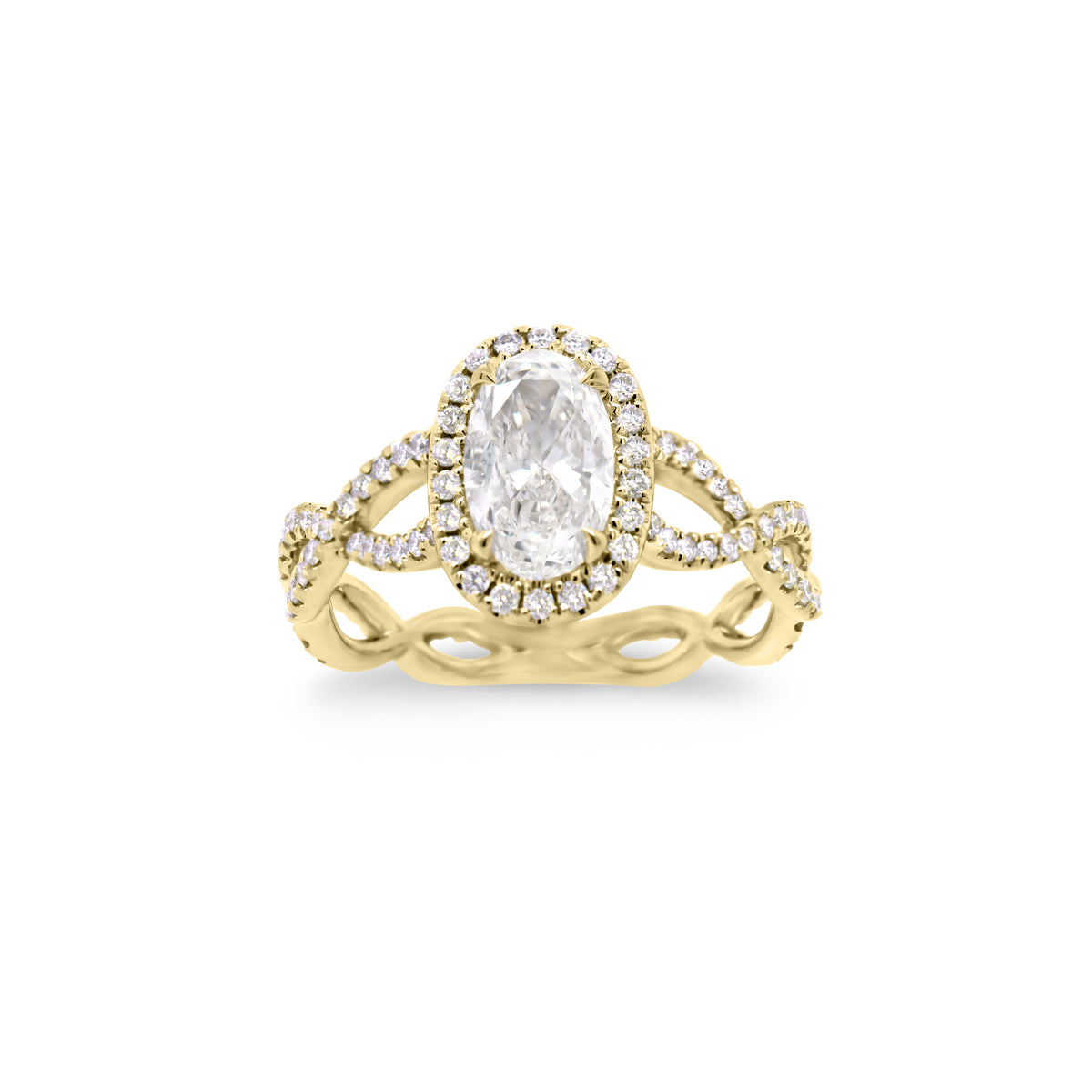 Round Diamond Halo Engagement Ring with Twisted Shank  -18K weighting 3.06  - 110 round diamonds totaling 0.59 carats