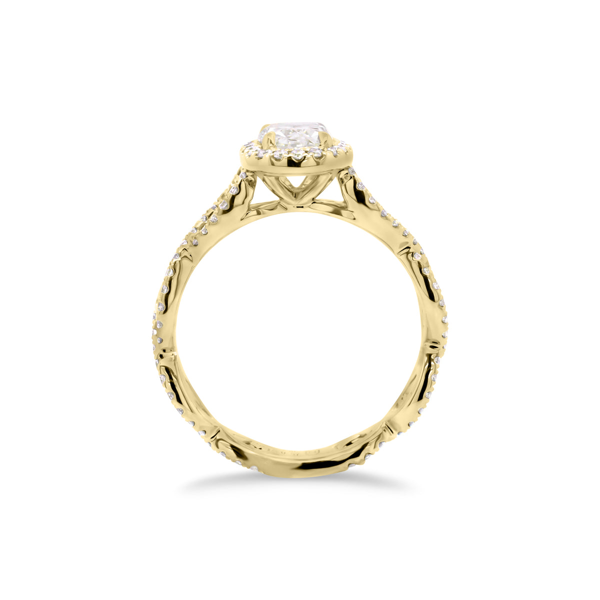 Round Diamond Halo Engagement Ring with Twisted Shank  -18K weighting 3.06  - 110 round diamonds totaling 0.59 carats