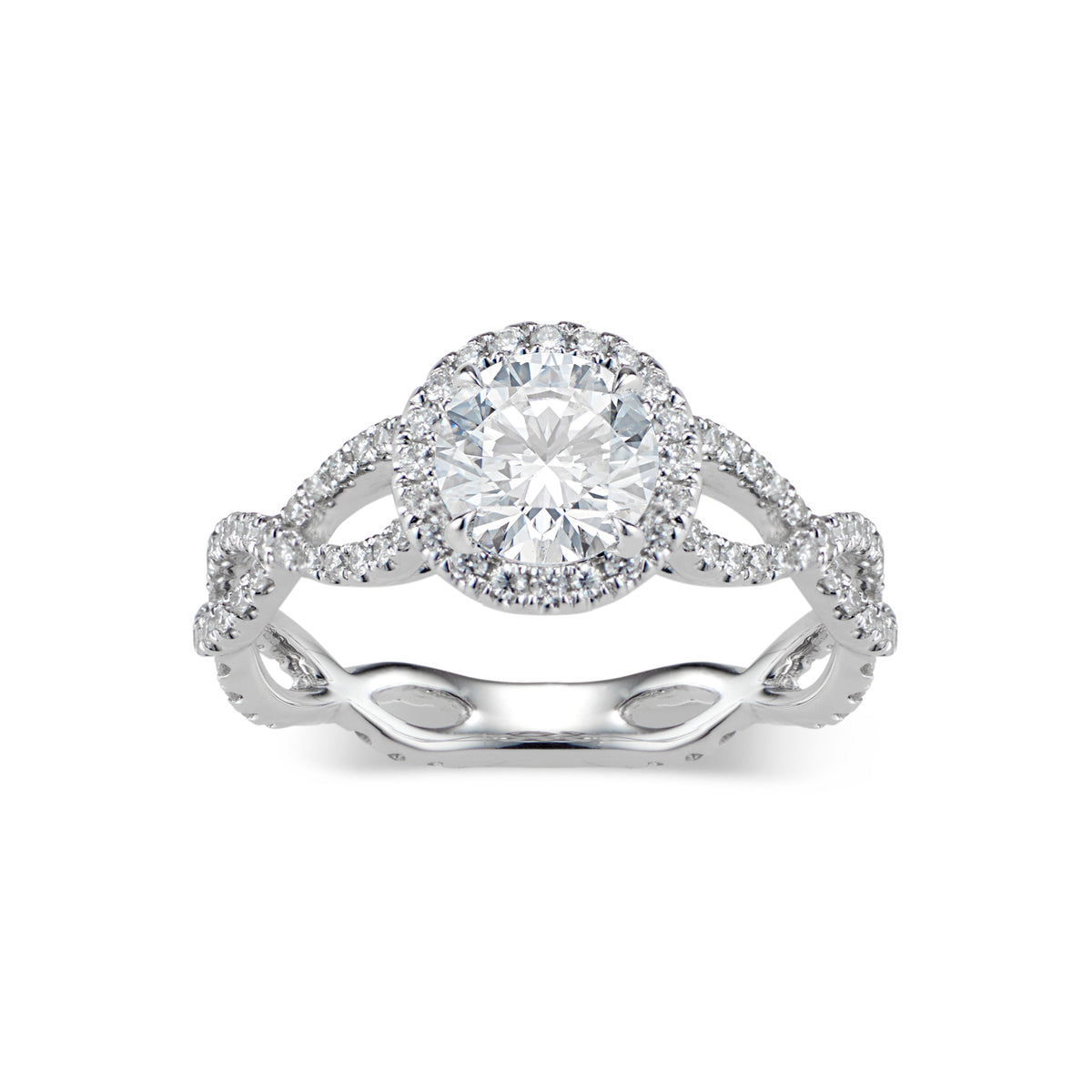 Round Diamond Halo Engagement Ring with Twisted Shank  -18K weighting 3.06  - 110 round diamonds totaling 0.59 carats