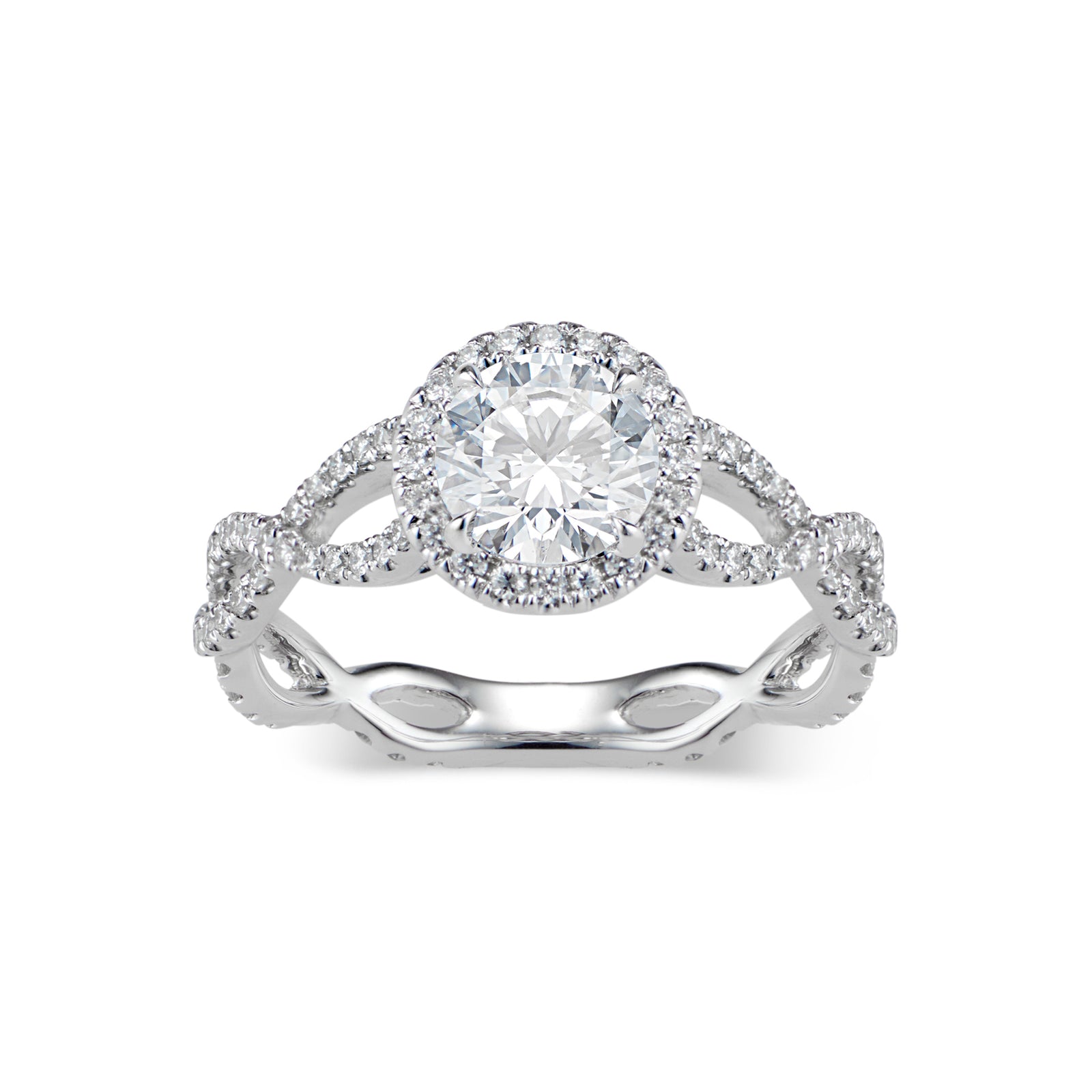 Round Diamond Halo Engagement Ring with Twisted Shank  -18K weighting 3.06  - 110 round diamonds totaling 0.59 carats