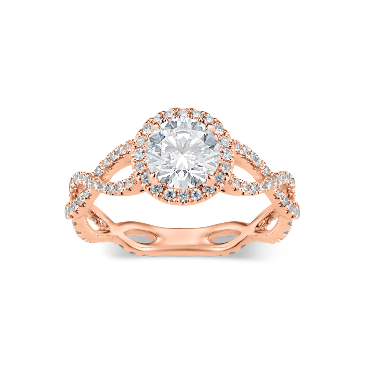 Round Diamond Halo Engagement Ring with Twisted Shank  -18K weighting 3.06  - 110 round diamonds totaling 0.59 carats
