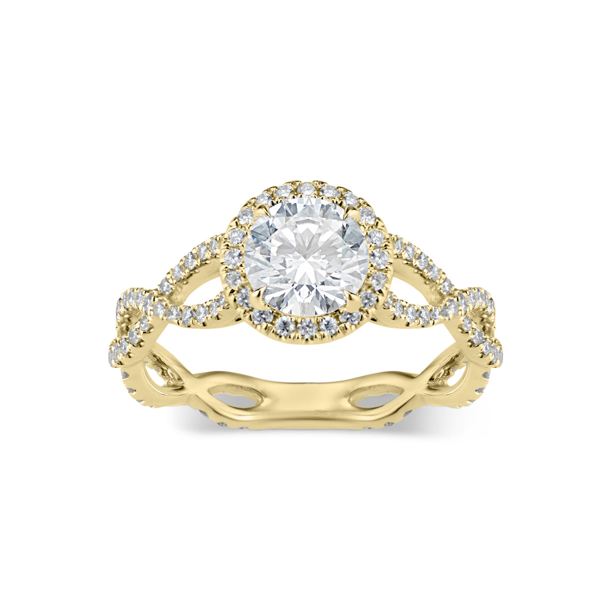 Round Diamond Halo Engagement Ring with Twisted Shank  -18K weighting 3.06  - 110 round diamonds totaling 0.59 carats