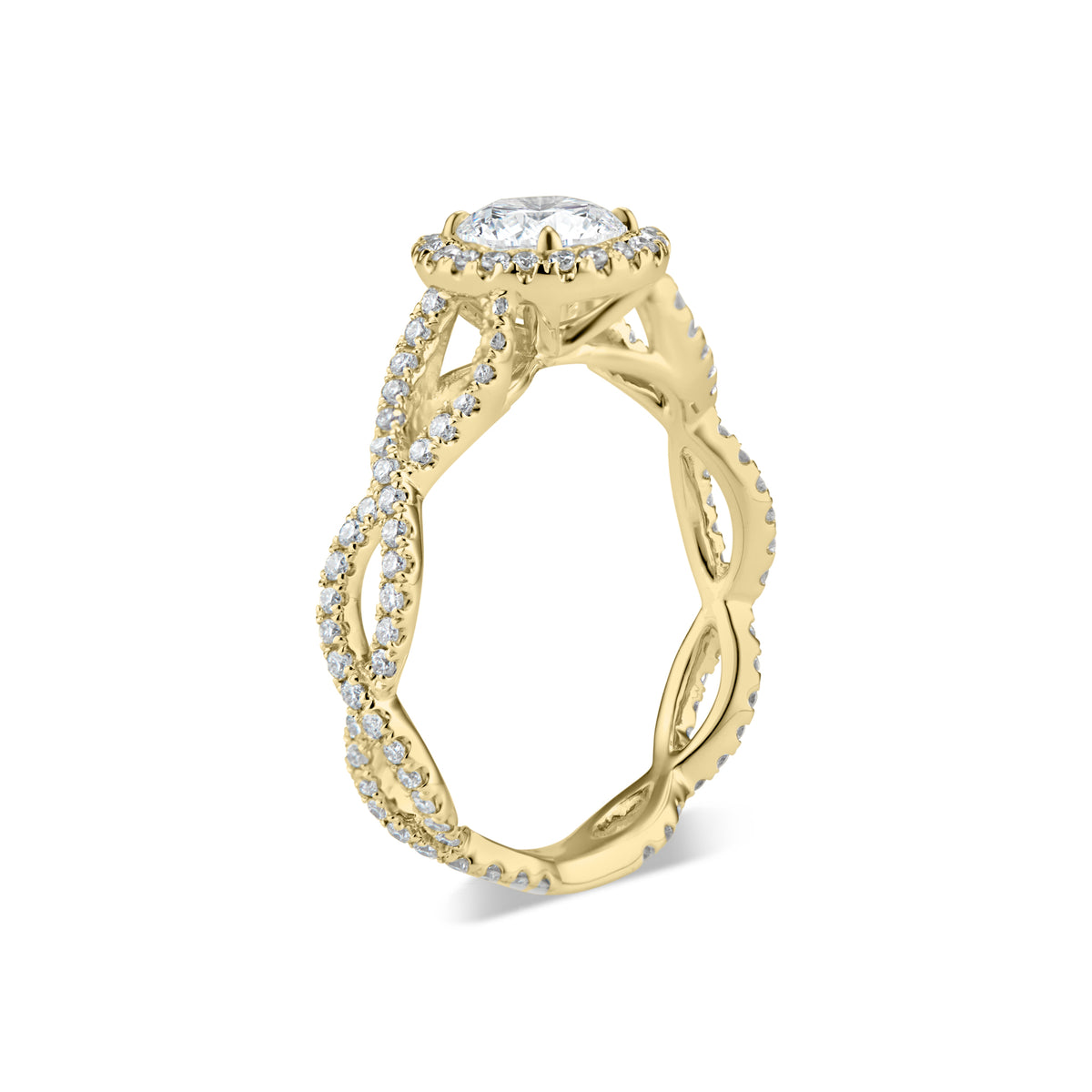 Round Diamond Halo Engagement Ring with Twisted Shank  -18K weighting 3.06  - 110 round diamonds totaling 0.59 carats