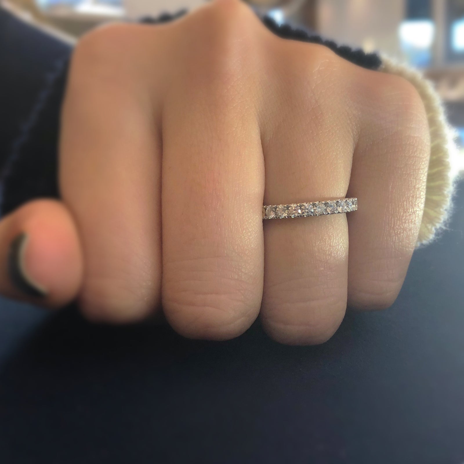 Four Prong-Set Diamond Eternity Wedding Band -18k white gold weighing 2.63 grams -84 round diamonds weighing 1.36 carats