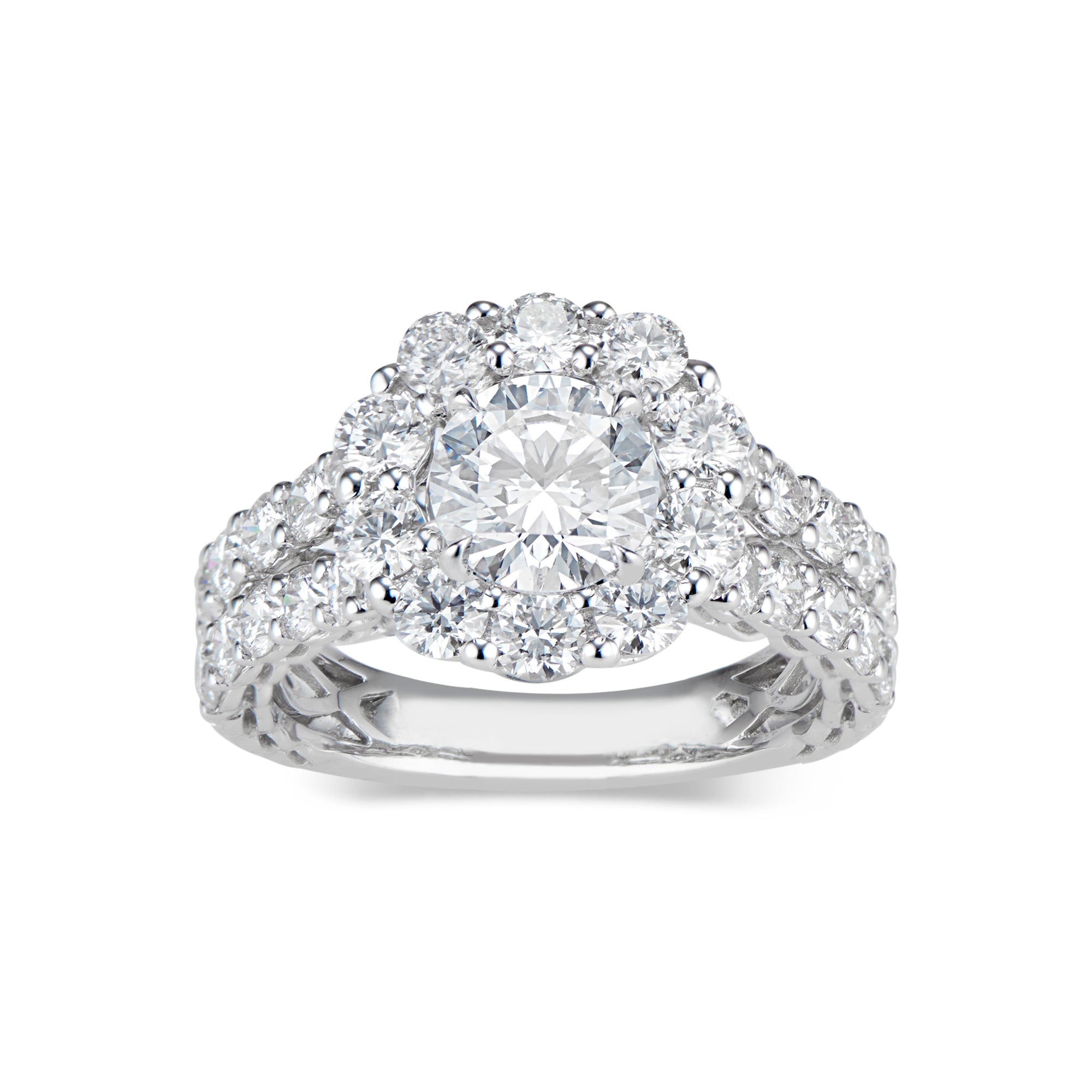 Round Halo Diamond Engagement Ring with Prong-Set Diamond Shank  -18K WEIGHTING 5.92 GR  - 30 round diamonds totaling 2.04 carats