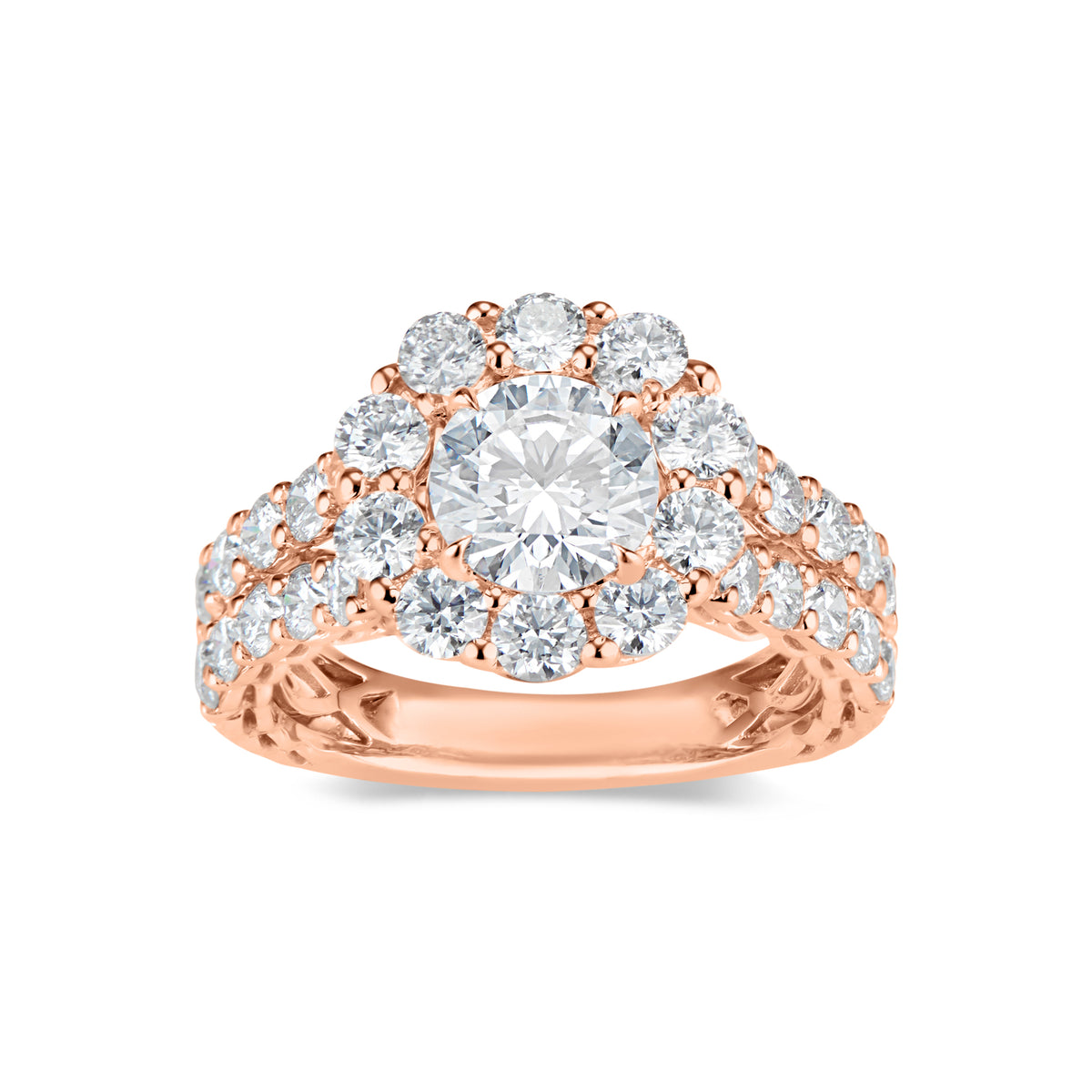 Round Halo Diamond Engagement Ring with Prong-Set Diamond Shank  -18K WEIGHTING 5.92 GR  - 30 round diamonds totaling 2.04 carats