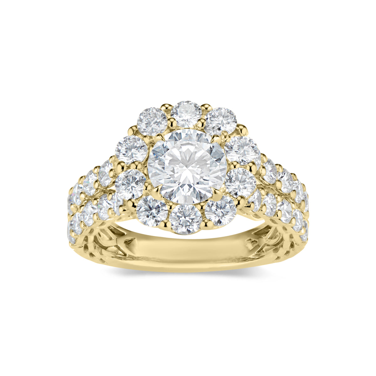 Round Halo Diamond Engagement Ring with Prong-Set Diamond Shank  -18K WEIGHTING 5.92 GR  - 30 round diamonds totaling 2.04 carats