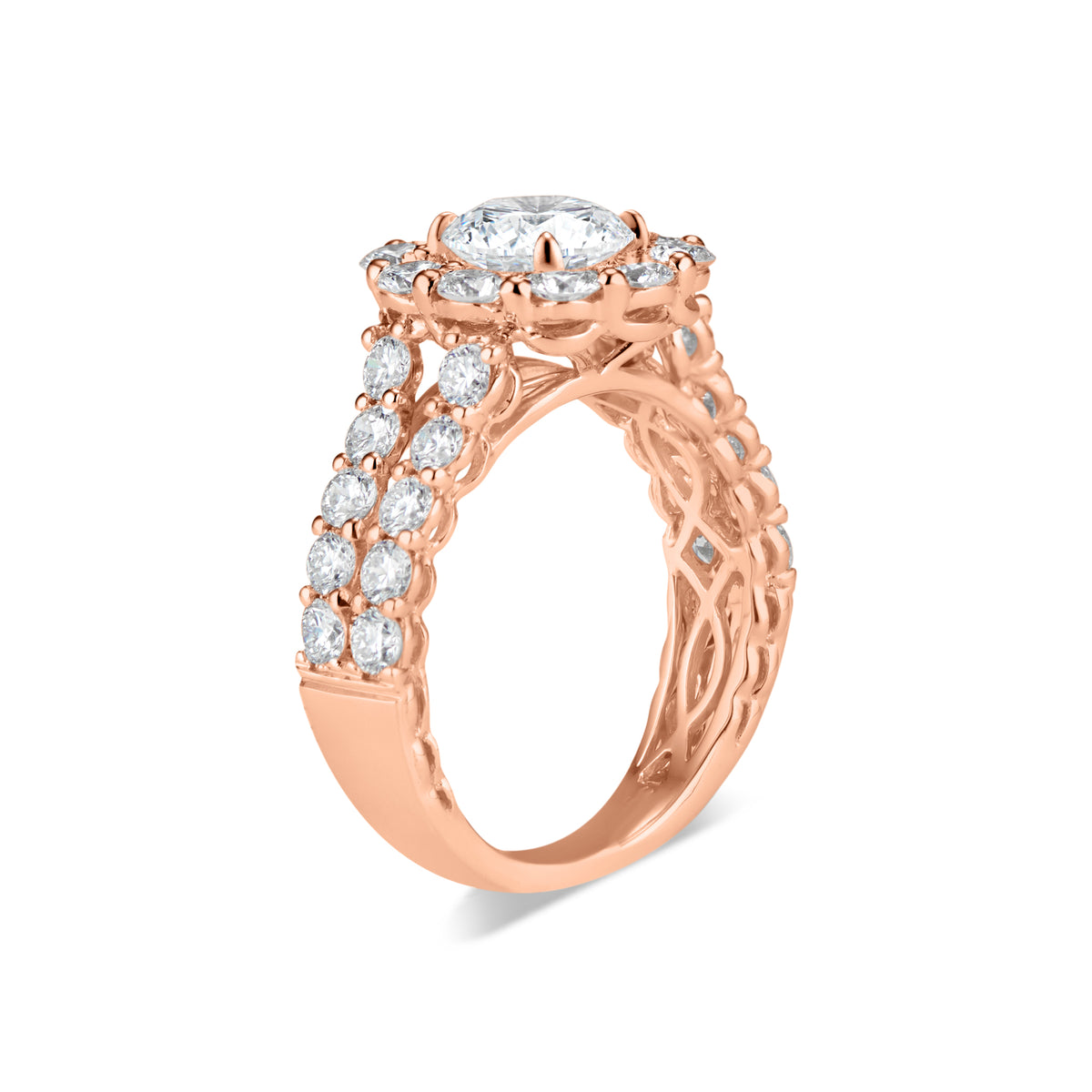 Round Halo Diamond Engagement Ring with Prong-Set Diamond Shank  -18K WEIGHTING 5.92 GR  - 30 round diamonds totaling 2.04 carats