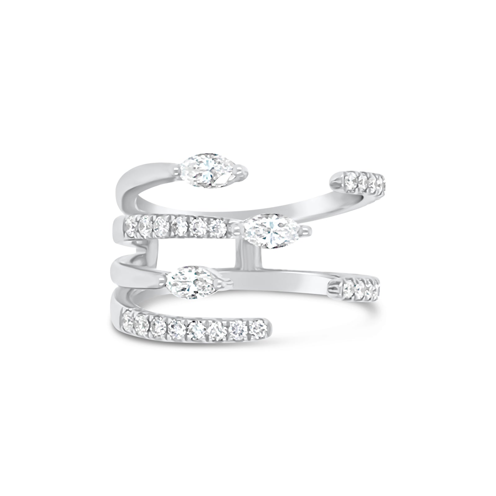 Marquise Diamond Fashion Cut-out Ring  -18k gold weighing 5.45 grams  -3 MQ weighing .37 carats  -30 round diamonds weighing .38 carats