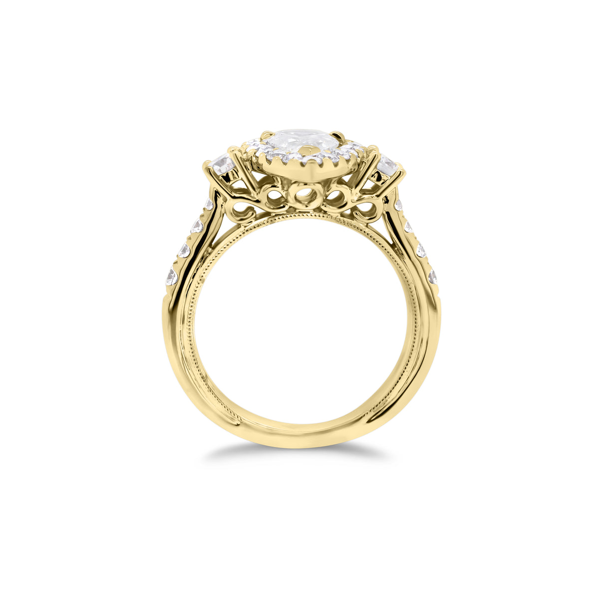 Pear Halo Diamond Engagement Ring with Side Stones  -18K weigting 4.83 GR  - 27 round diamonds totaling 0.74 carats