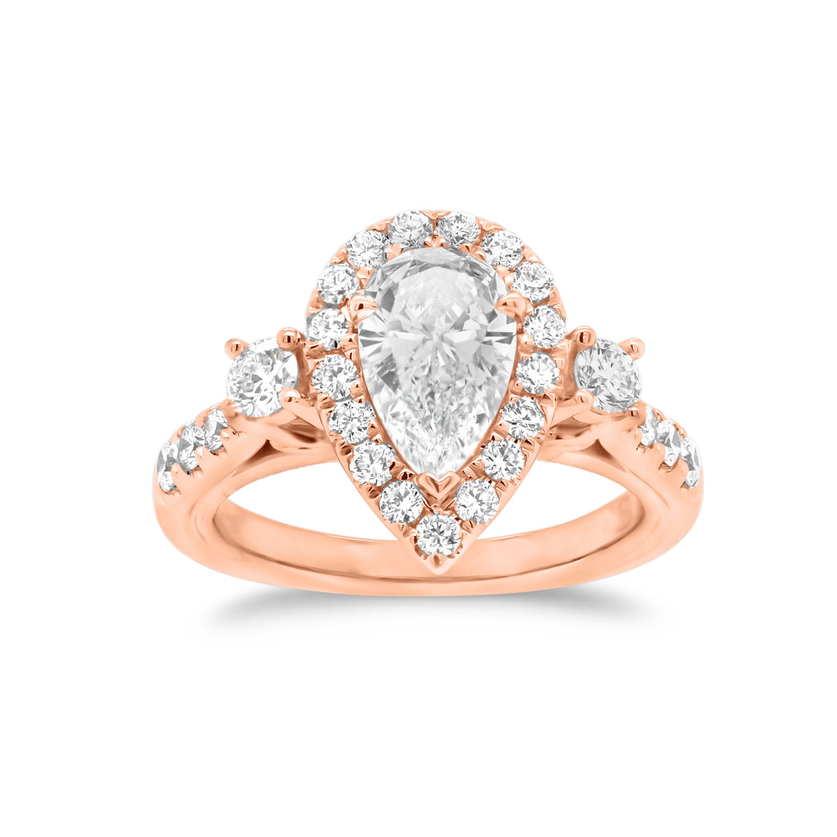 Pear Halo Diamond Engagement Ring with Side Stones  -18K weigting 4.83 GR  - 27 round diamonds totaling 0.74 carats