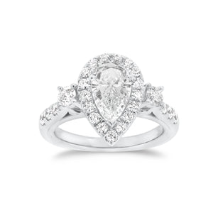 Pear Halo Diamond Engagement Ring with Side Stones  -18K weigting 4.83 GR  - 27 round diamonds totaling 0.74 carats