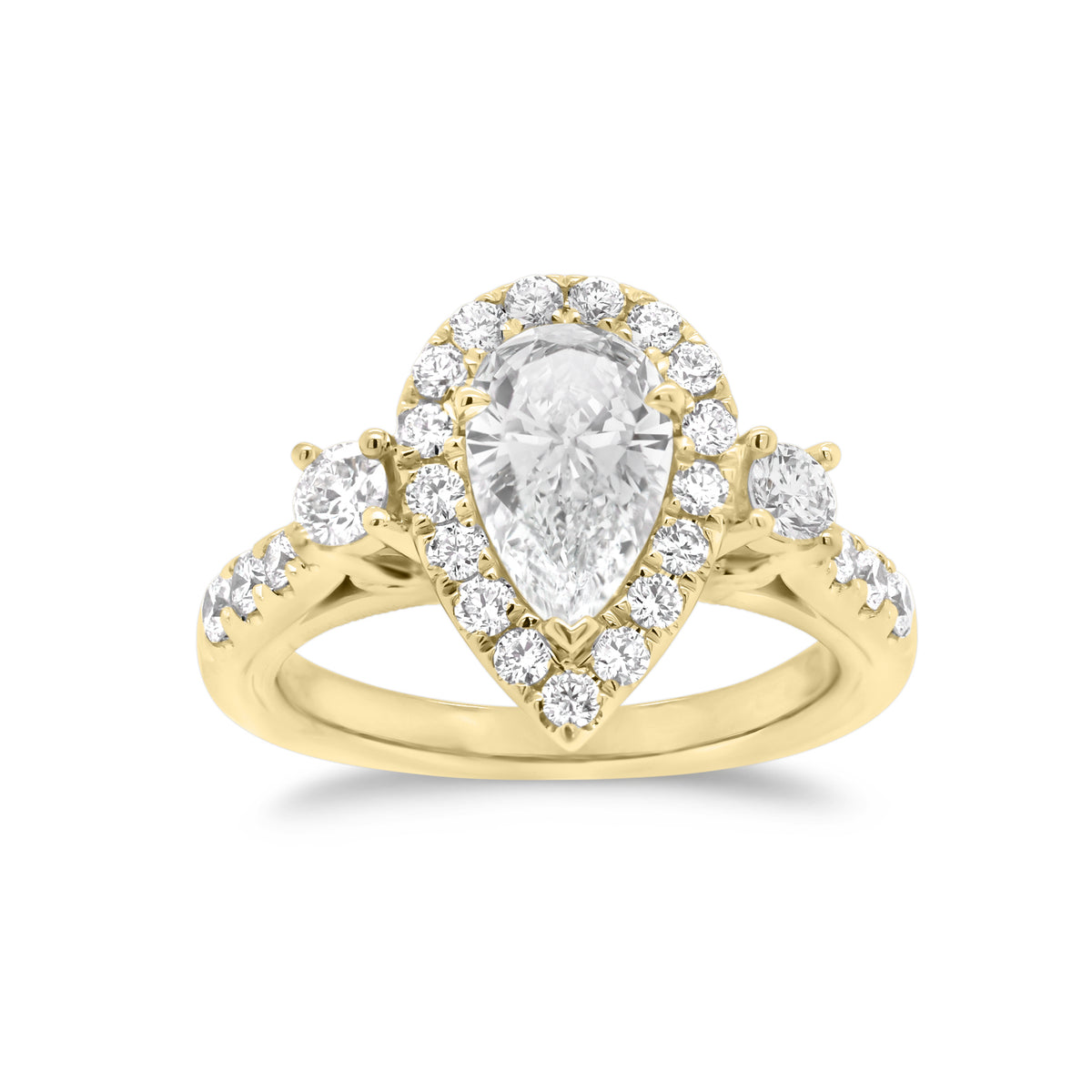 Pear Halo Diamond Engagement Ring with Side Stones  -18K weigting 4.83 GR  - 27 round diamonds totaling 0.74 carats