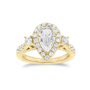 Pear Halo Diamond Engagement Ring with Side Stones  -18K weigting 4.83 GR  - 27 round diamonds totaling 0.74 carats