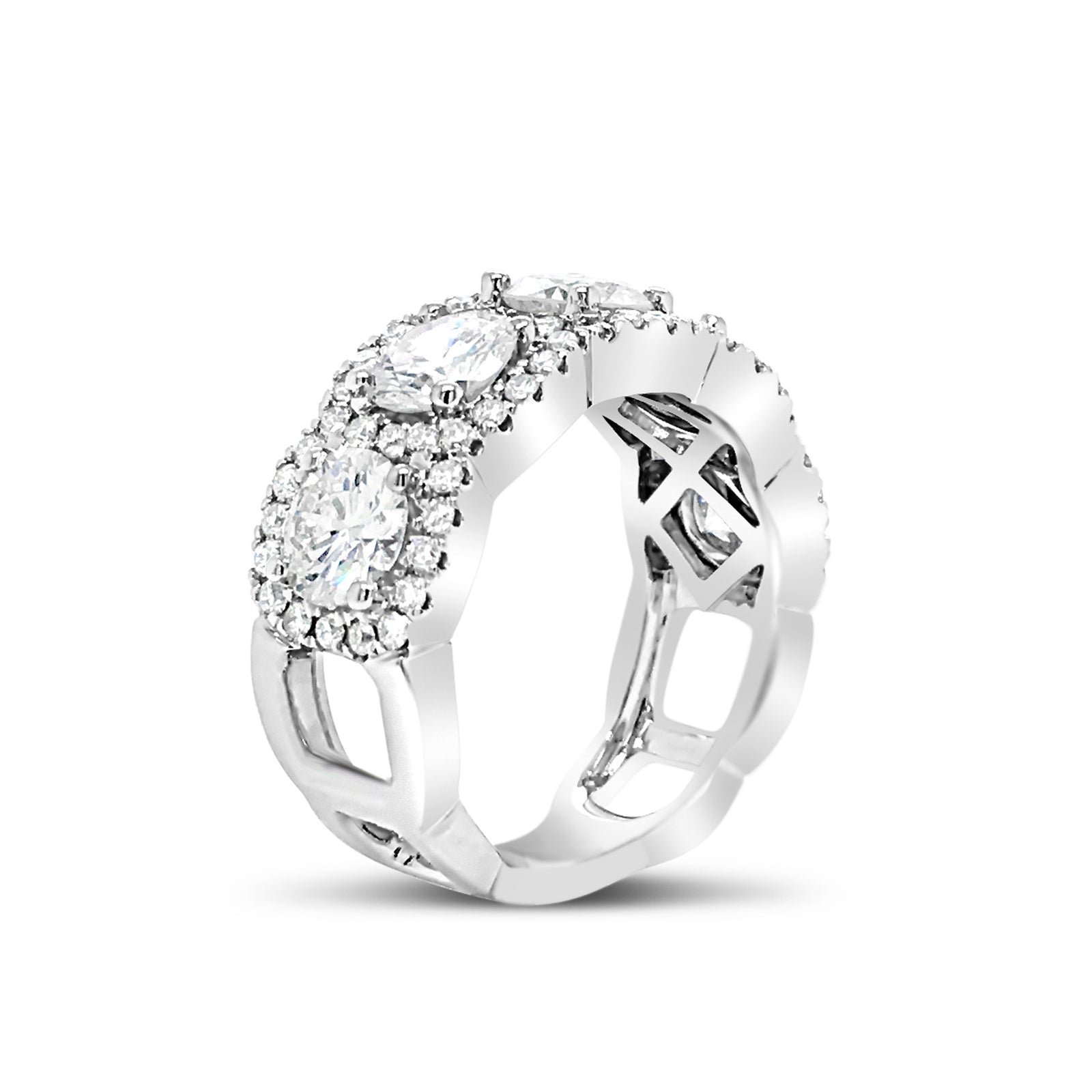 Square-Shaped Cut-out Diamond Wedding Band  -18k gold weighing 7.99 grams  -68 round diamonds weighing .56 carats  -5 round diamonds weighing 2.77 carats with G-H VS1-VVS1